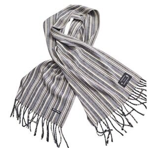 Cashmere Striped Winter Scarf with Fringe - Elegant Grey & White Pattern‎